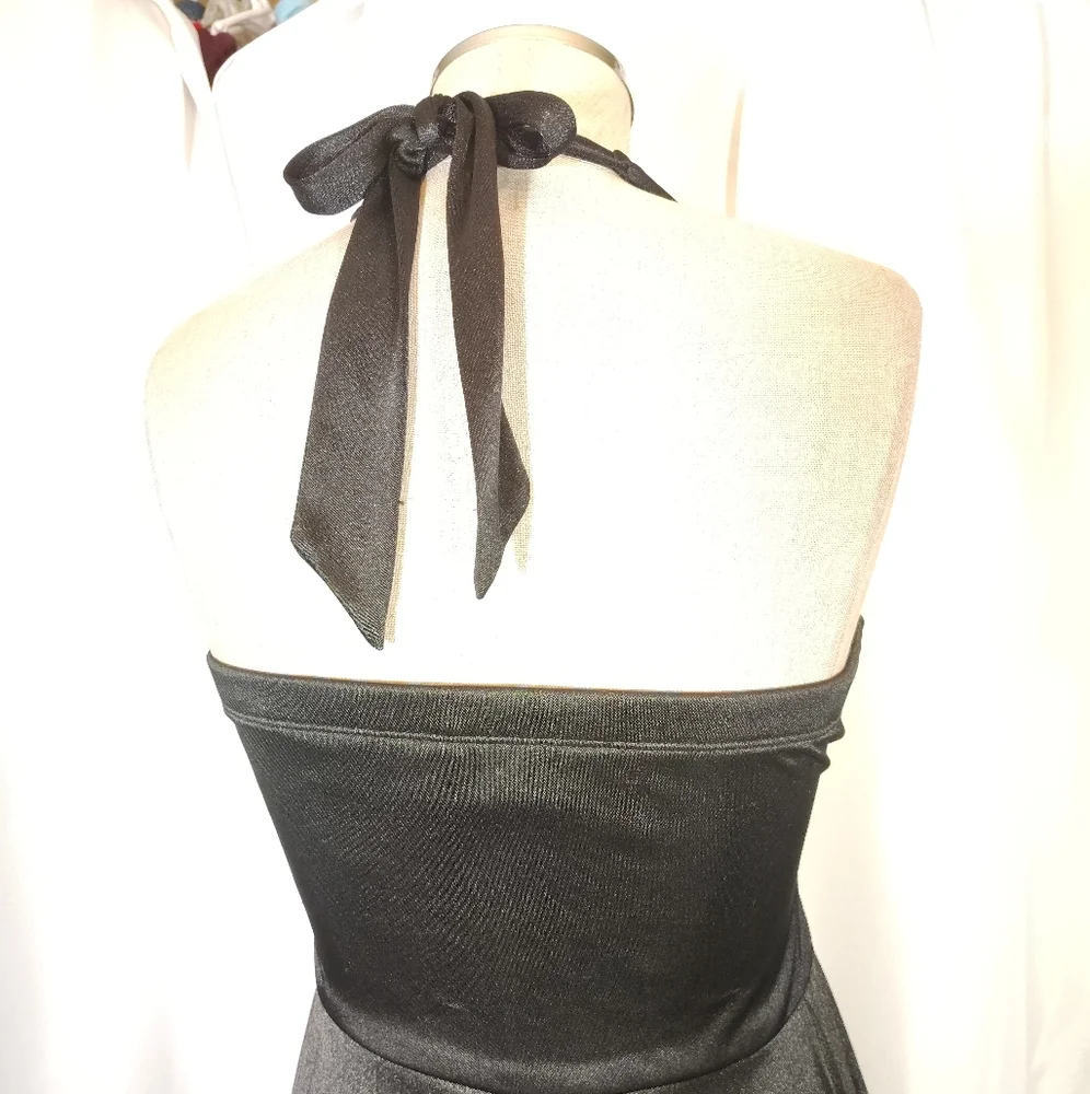 Satin Halter Formal Midi Dress,Tie Pleated Skirt, Empire Waist, Black, S